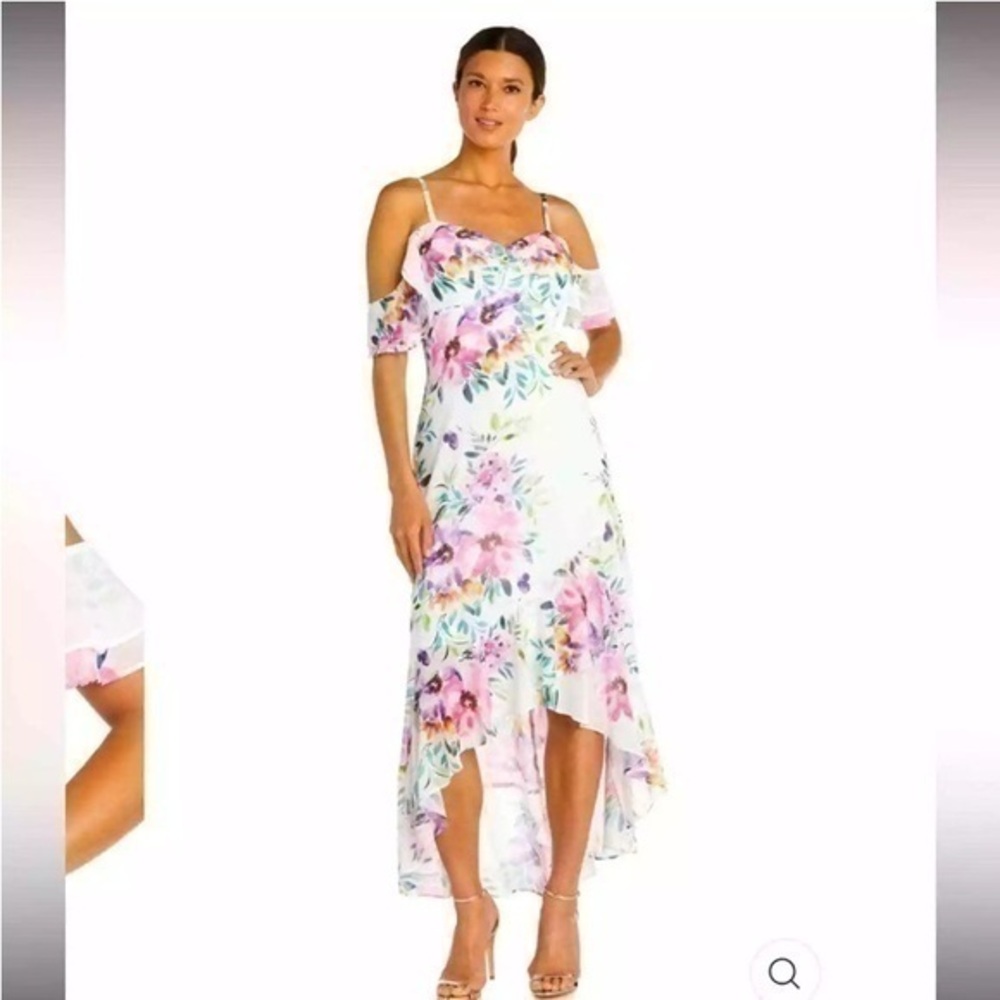Night Way multi color flor print high low off shoulder midi maxi dress 2